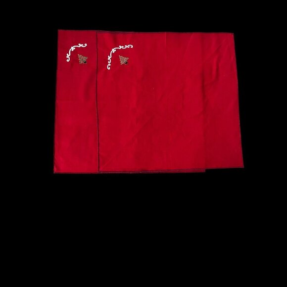 Vintage Set of 2 Red Embroidered Christmas Tree Cloth Napkins – 18" x 18" – Holi - Picture 3 of 3